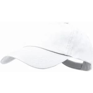 A white cap with a curved brim and an adjustable strap at the back, featuring a branding logo.
