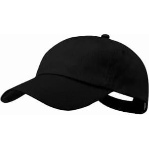 A black cap with a curved brim and an adjustable strap at the back. It features a logo on the front.
