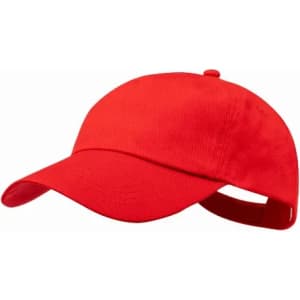 A red cap with a curved brim and an adjustable strap at the back, featuring a logo.