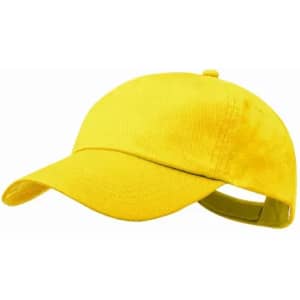A yellow cap with a curved brim and adjustable strap, featuring a logo on the front.