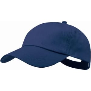 A navy blue cap featuring a curved brim and an adjustable strap at the back. It includes a logo on the side.
