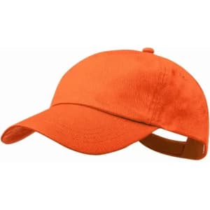 An orange cap with a curved brim and an adjustable strap at the back. It features a logo on the front.