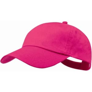 A pink cap with a curved brim and an adjustable strap at the back, featuring a logo.