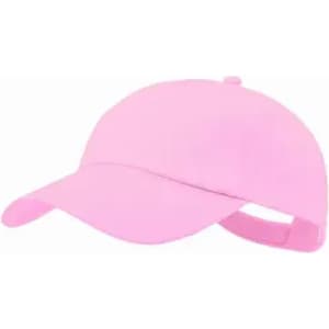 A pink cap with a curved brim and an adjustable strap at the back, featuring a logo.