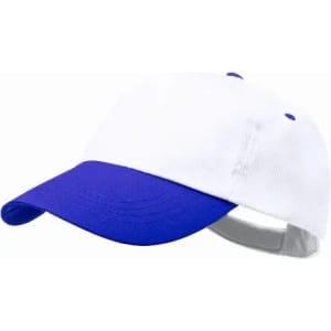 A cap featuring a white body and a blue brim, with an adjustable strap at the back and a logo.