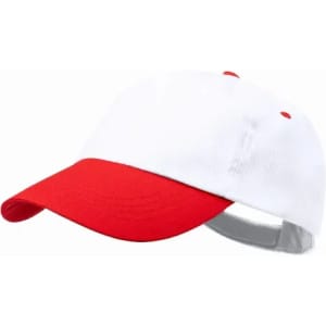 A cap featuring a white body and a red peak, with a logo on the side.