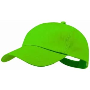 A bright green cap with a curved peak and adjustable strap on the back, featuring a logo on the front.