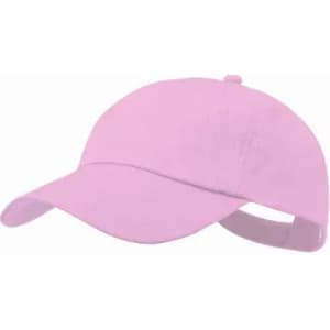 A pink cap with a curved brim and an adjustable strap at the back, featuring a logo.