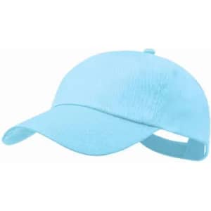 A light blue cap featuring a curved brim and an adjustable strap at the back. It has a logo on it.