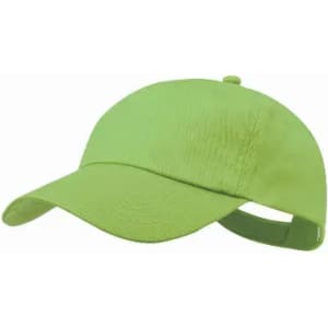 A bright green cap with a curved peak and an adjustable strap at the back, featuring a logo.