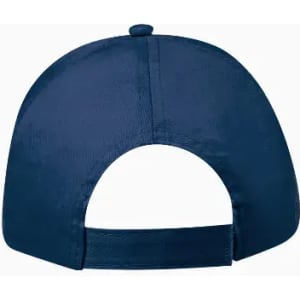 A navy cap featuring a curved brim and a snapback closure at the rear. It has a logo on the side.