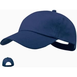 A navy blue cap with a curved peak and an adjustable strap at the back, featuring a logo.