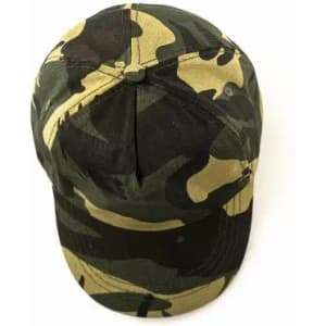 A cap in camouflage pattern featuring green and brown tones, with a structured top and a curved brim.