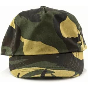 A cap featuring a camouflage pattern in various shades of green and brown. It has a rounded crown and a curved brim.