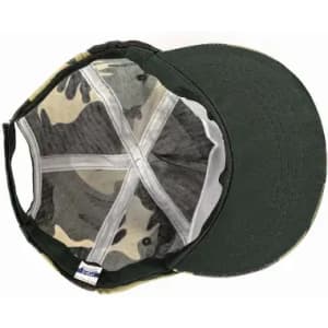 A cap with a camouflage pattern and a solid dark green peak, featuring a structured design.