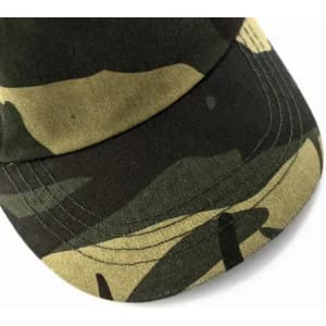A camouflage cap showcasing a blend of green and brown patterns, featuring a curved peak and stitched detailing.