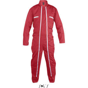 A red overall featuring double zips and multiple pockets, designed for men. The garment has a branded logo.