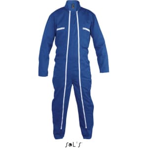 A blue men's overall with double zips and multiple pockets, featuring a logo.