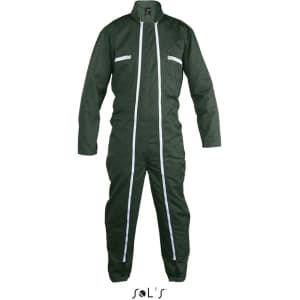 A green overall with double zip and multiple pockets, featuring reflective stripes and a logo.