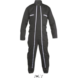 A dark grey men's overall with double zips and multiple pockets, featuring reflective detailing and a logo.