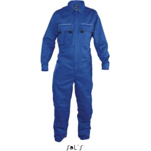 A blue overall with multiple pockets and knee pads, featuring a zip and a logo on the chest.