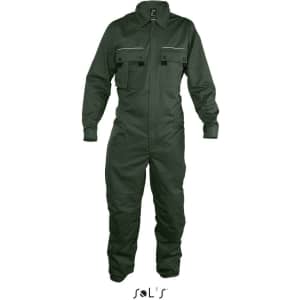 A green overall with multiple pockets and zip features. Includes a logo on the upper section.