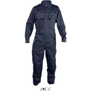 A navy blue overall featuring multiple pockets and knee pads, with a zipper and branding.