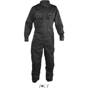 A black overall with multiple pockets and knee pads, featuring a zip, and branded with a logo.