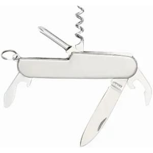 A multi-tool with silver finish, featuring a knife, corkscrew, and bottle opener. It has a sleek design and is compact.