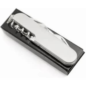 A silver multi-tool knife with a corkscrew and other functions, presented in a black box.