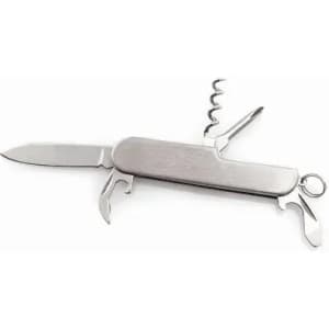 A multi-tool featuring a silver stainless steel body with a knife, corkscrew, and bottle opener.