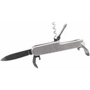 A multipurpose stainless steel knife with a blade, corkscrew, and bottle opener. Features a sleek silver finish.