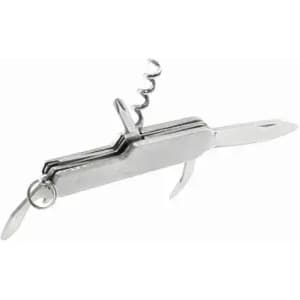 A multi-tool knife in silver with a corkscrew, a knife blade, and an additional flat blade.
