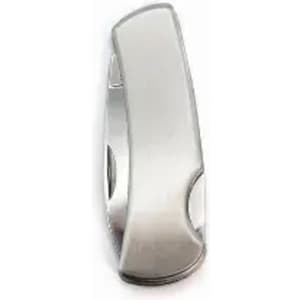 A silver metal clip with a smooth, polished surface and a slight curve. It has a branding logo on it.