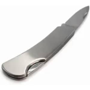 A knife with a sleek stainless steel blade and a curved handle design.