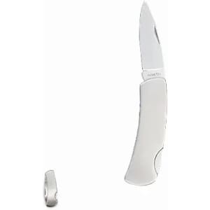 A folding knife with a silver blade and a sleek silver handle, featuring a simple design and minimal branding.