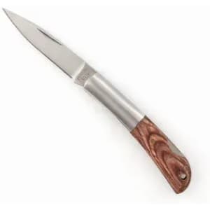 A pocket knife with a stainless steel blade and a wooden handle featuring a marbled design.