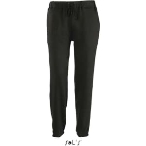 Black track suit pants made of 50% cotton and 50% polyester, featuring a drawstring waist and a logo.
