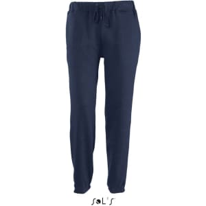 Navy blue jogger pants made of 50% cotton and 50% polyester, featuring an elastic waistband and drawstring.