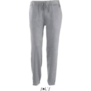 Grey jogger track suit pants made from 50% cotton and 50% polyester, featuring an elastic waistband and drawstring.