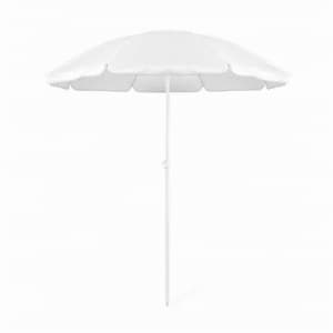 A beach umbrella in white, featuring a solid canopy and a central pole for support.