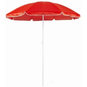 A beach umbrella in vibrant red with a white pole and trim, providing shade.