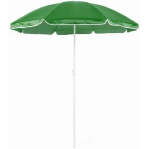 A green beach umbrella with a white pole, featuring a simple design and no visible branding.