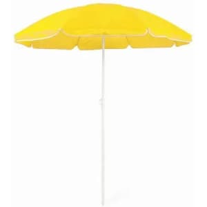 A beach umbrella in bright yellow with a white trim and a white pole, perfect for sun protection.