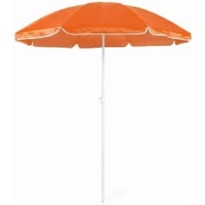 An orange beach umbrella with a white pole, featuring a simple design and sturdy structure.