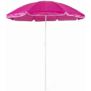 A beach umbrella in vibrant pink with a white pole, featuring a classic, rounded design.