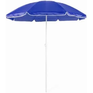 A beach umbrella with a blue canopy and a white pole, designed for outdoor shade.
