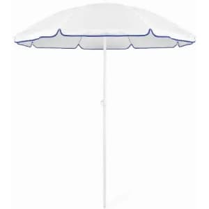 A beach umbrella with a white canopy and blue trim, featuring a white pole for support.