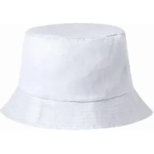 A white bucket hat with a wide brim and a flat crown, featuring a subtle texture.
