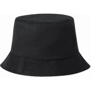 A black bucket hat with a wide brim and a structured top, featuring a simple design.